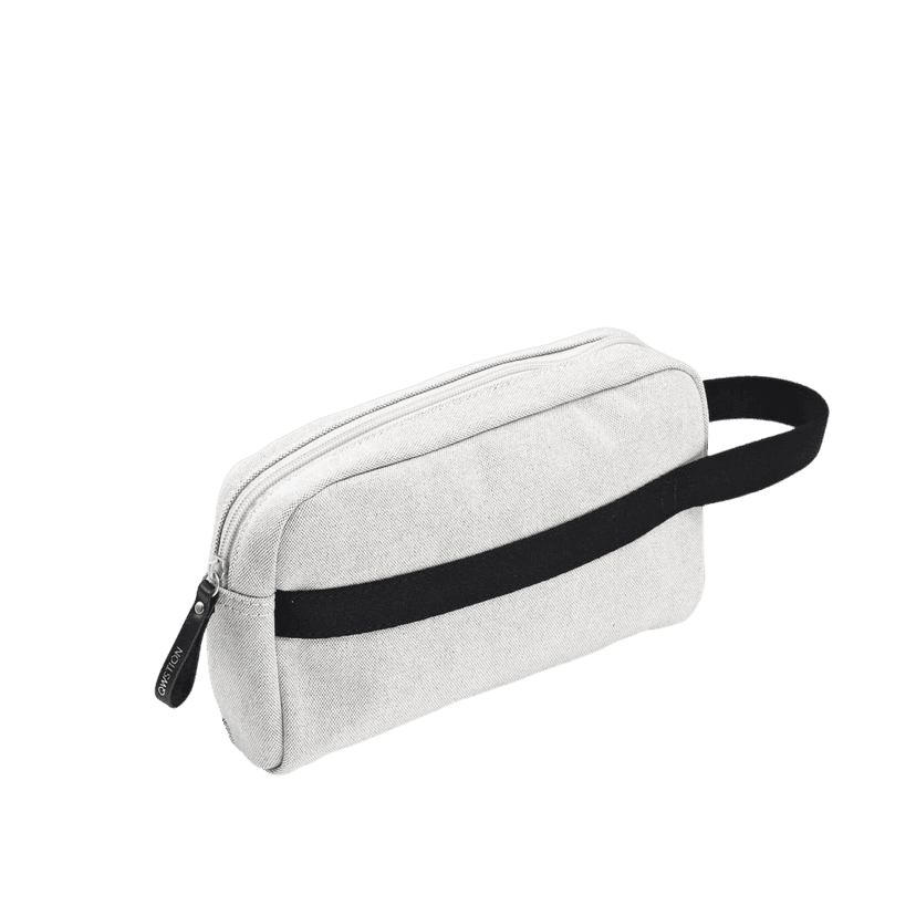 White fabric pouch with white zipper and black elastic loop.