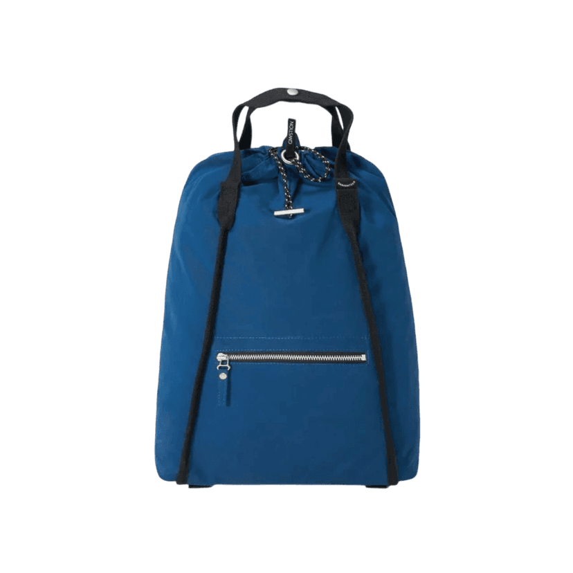 Satchel with blue canvas body, black straps and drawstring top.
