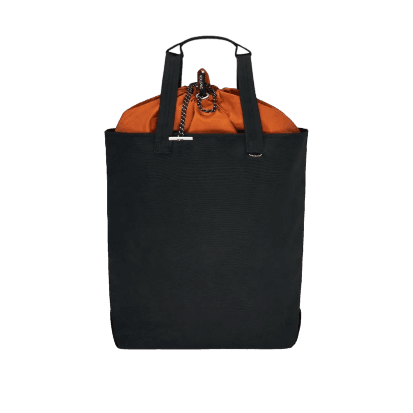 Zip tote bag with black canvas and orange drawstring top.